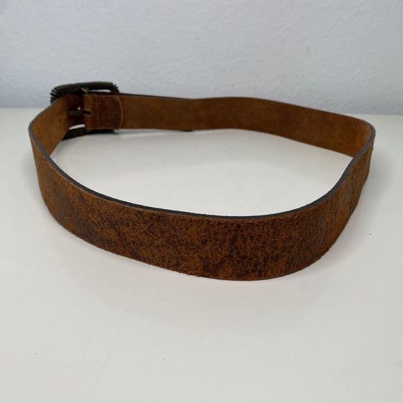 Artisanal Distressed Leather Belt Made in Italy Brown Ribbed Brass Buckle Size L - Picture 6 of 11